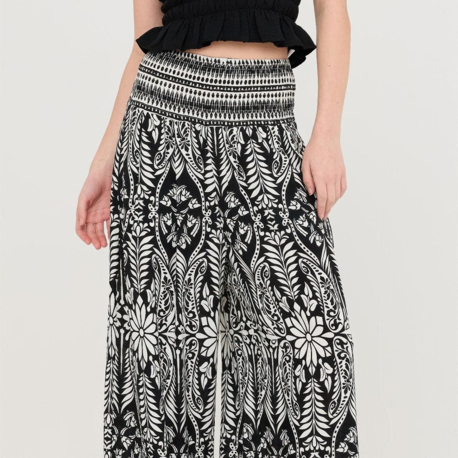 Smocked Waist Floral Pants - Black, Brown & Blue-Solazura Boutique - Solazura Boutique