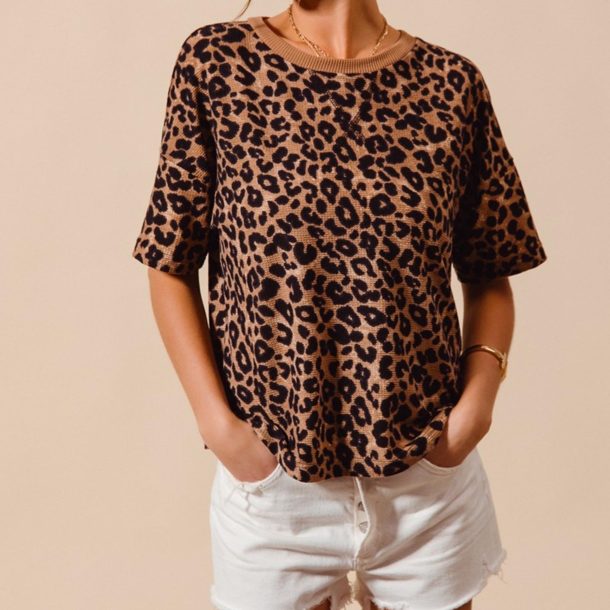 Front view of the SO ME coffee leopard thermal waffle knit loose fit top.