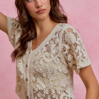 Side profile of the SO ME natural crochet lace cardigan showcasing the relaxed fit and sleeve detail.