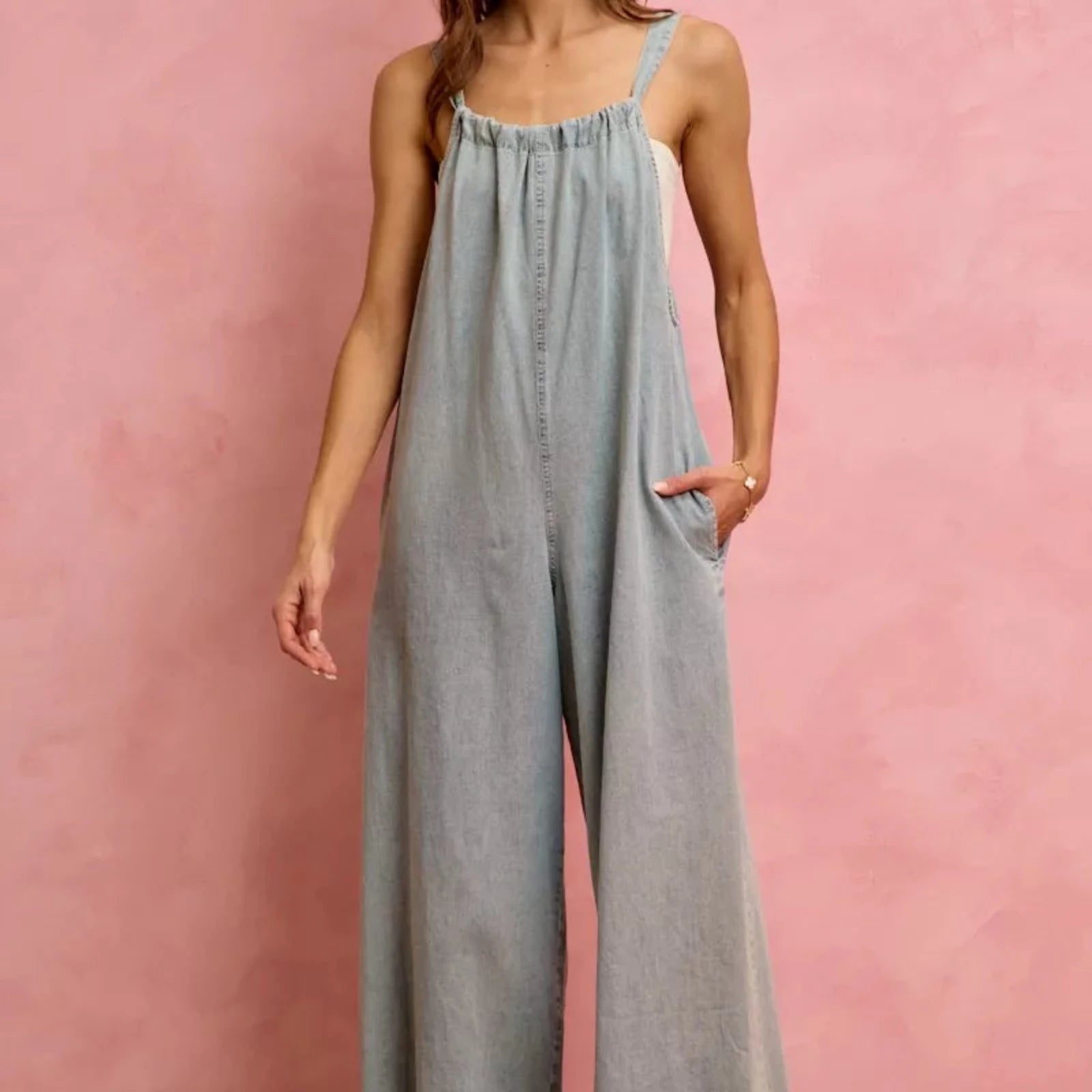 SO ME Wide Leg Lightweight Denim Overalls-Trendsi - Solazura Boutique