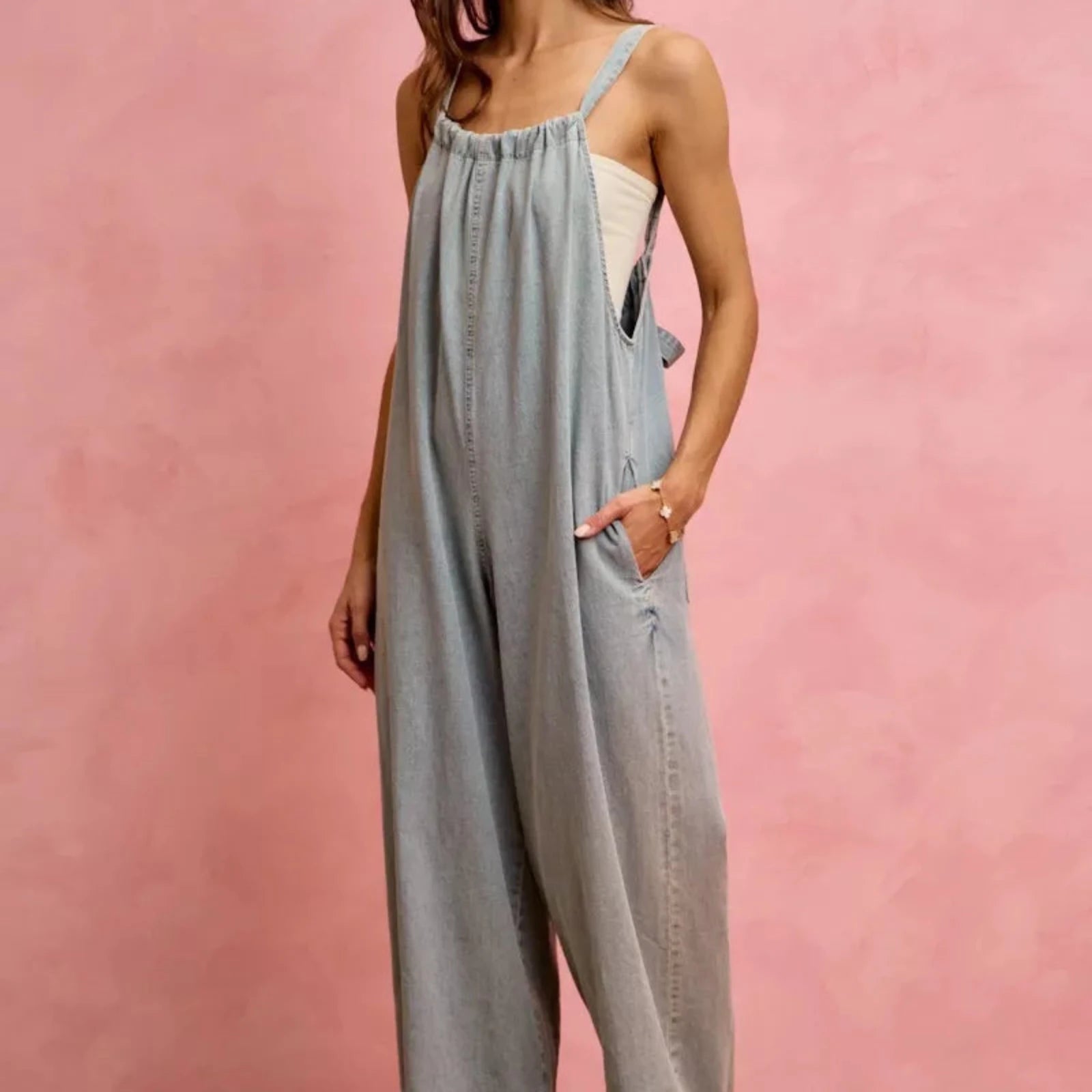 SO ME Wide Leg Lightweight Denim Overalls-Trendsi - Solazura Boutique