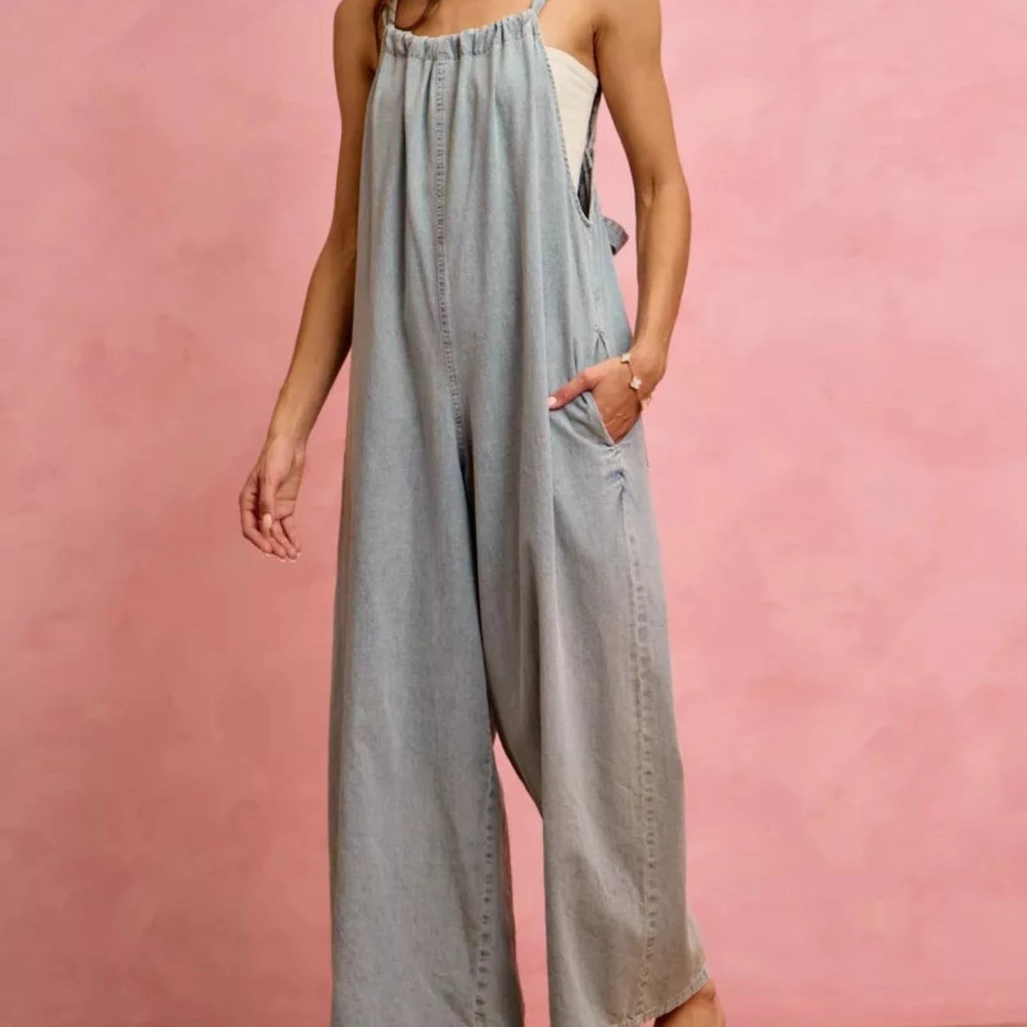 SO ME Wide Leg Lightweight Denim Overalls-Trendsi - Solazura Boutique