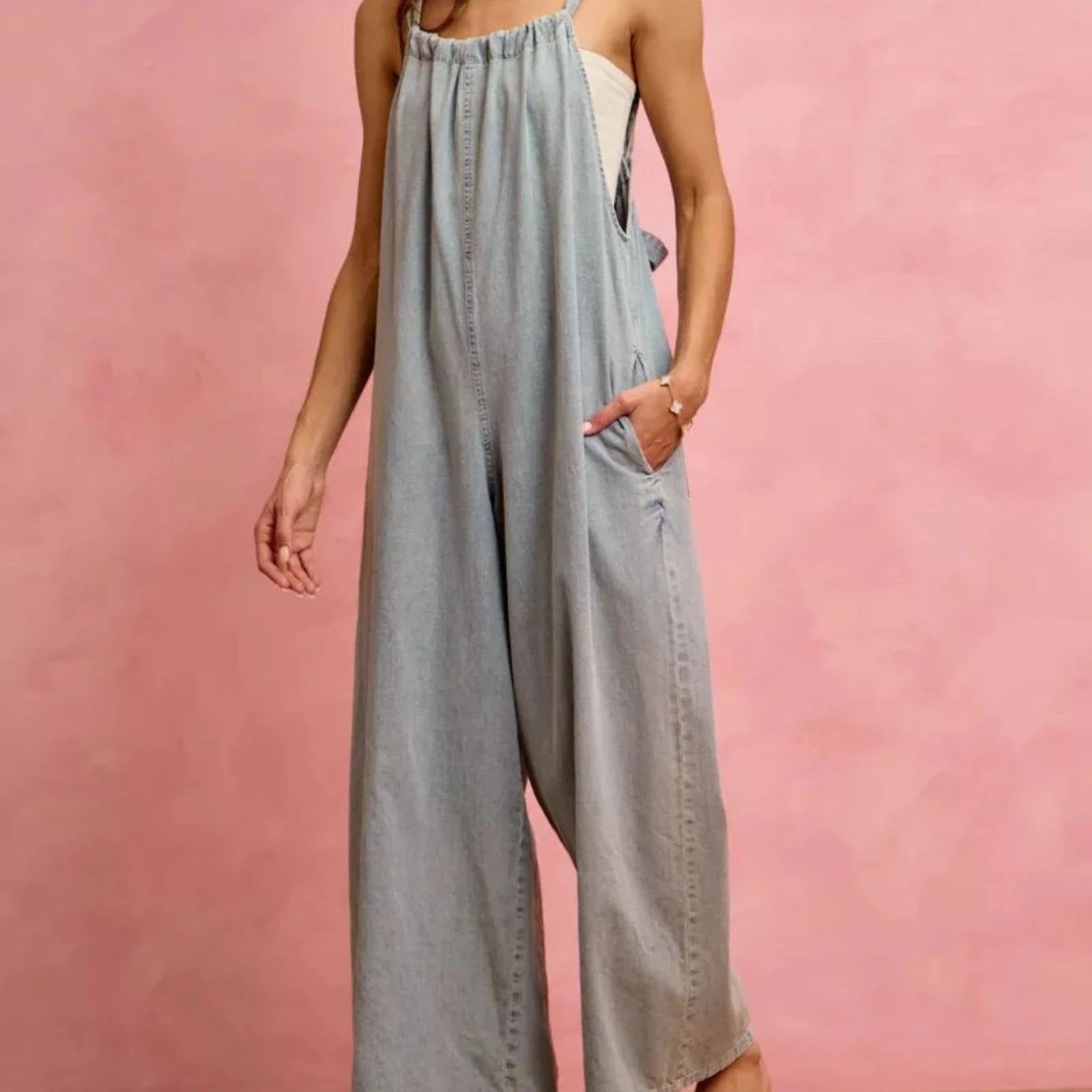 SO ME Wide Leg Lightweight Denim Overalls-Trendsi - Solazura Boutique