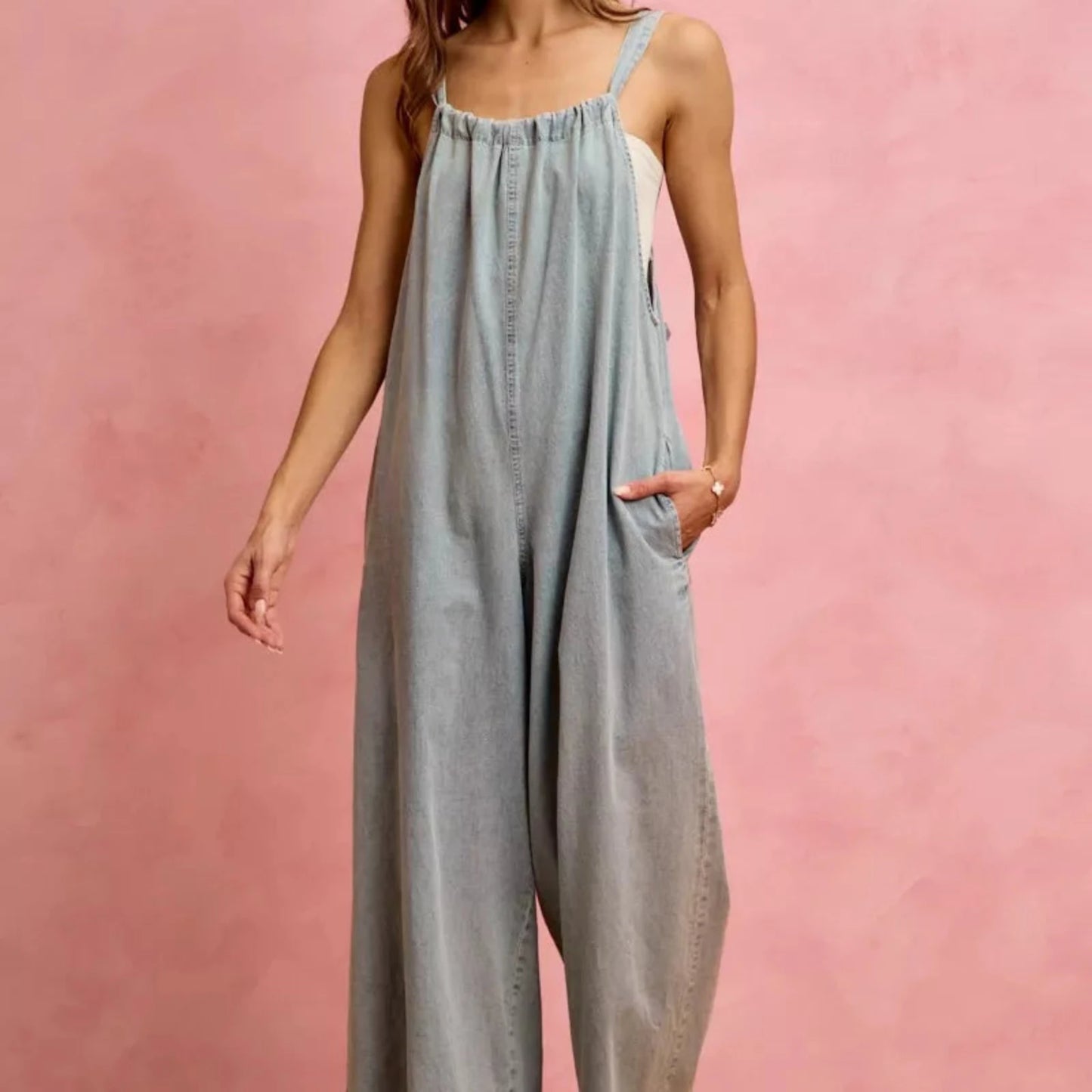 SO ME Wide Leg Lightweight Denim Overalls-Trendsi - Solazura Boutique