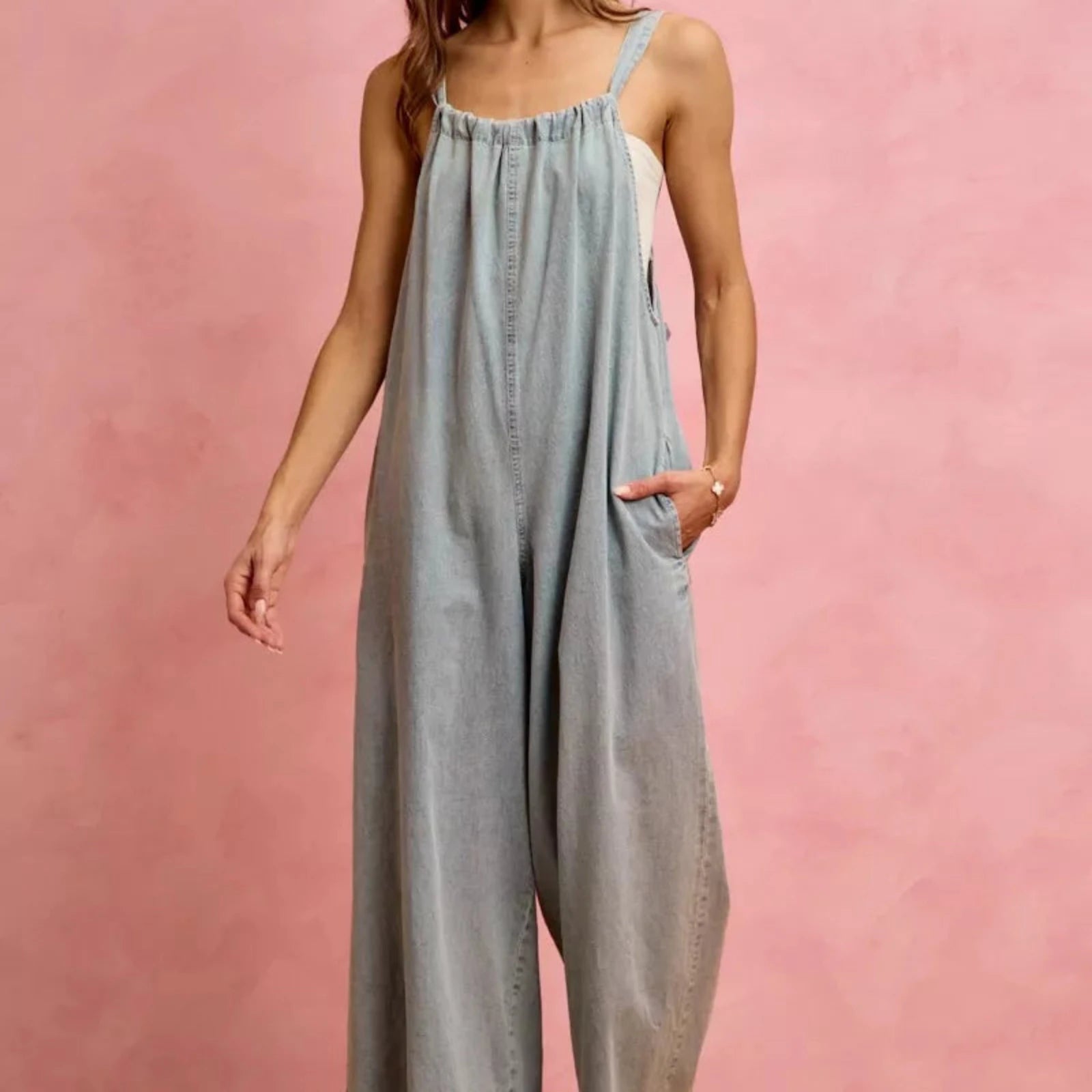 SO ME Wide Leg Lightweight Denim Overalls-Trendsi - Solazura Boutique
