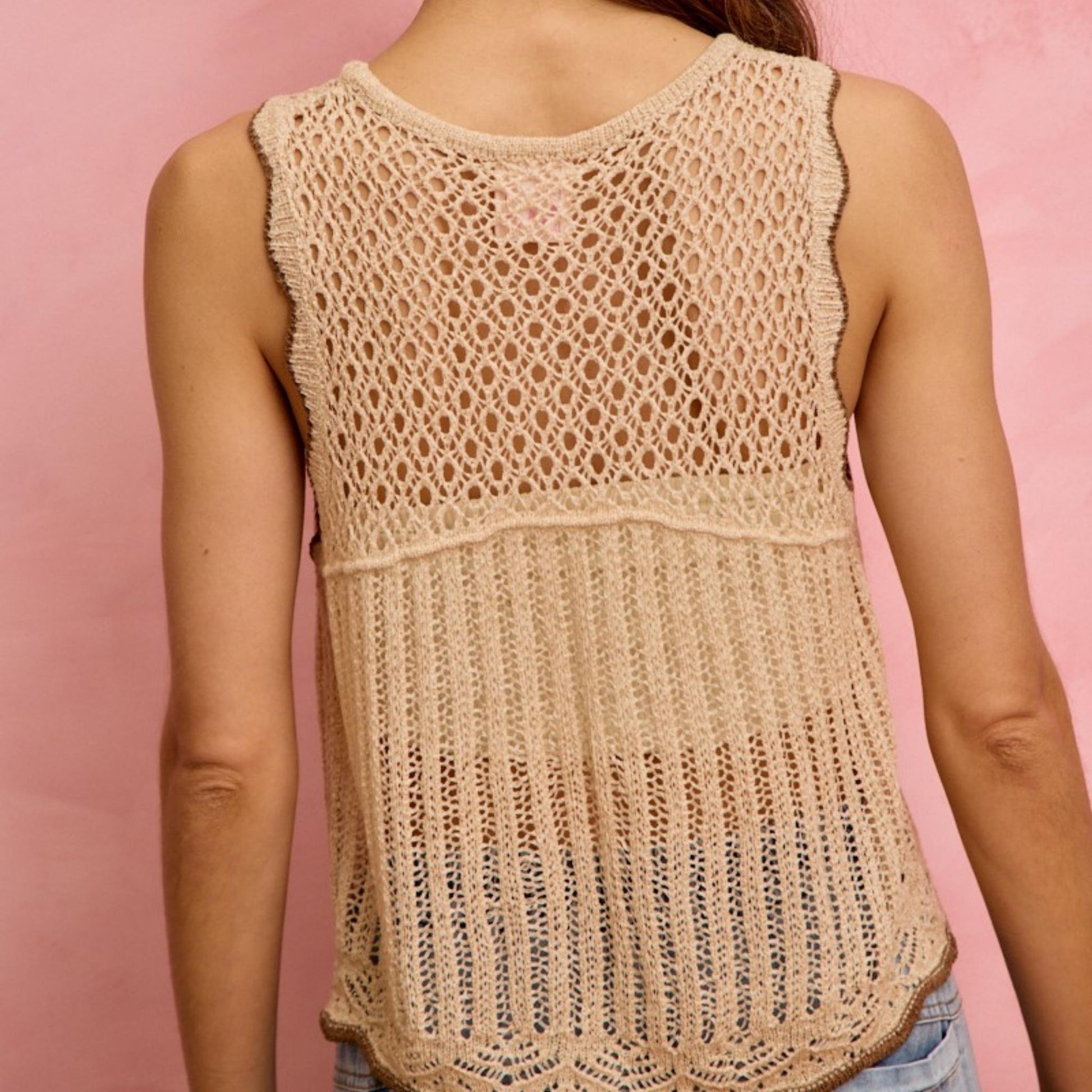 Back view of the SO ME oatmeal crochet lace vest showing the full knit pattern.