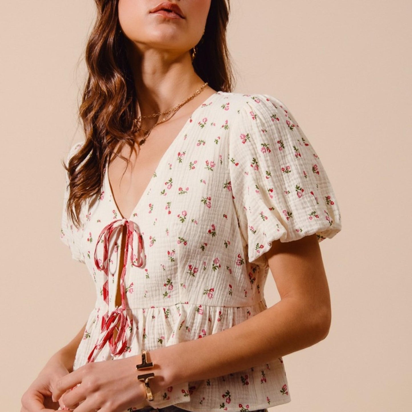 SO ME Women's Ditsy Floral Tie-Front Gauze Blouse-Trendsi - Solazura Boutique