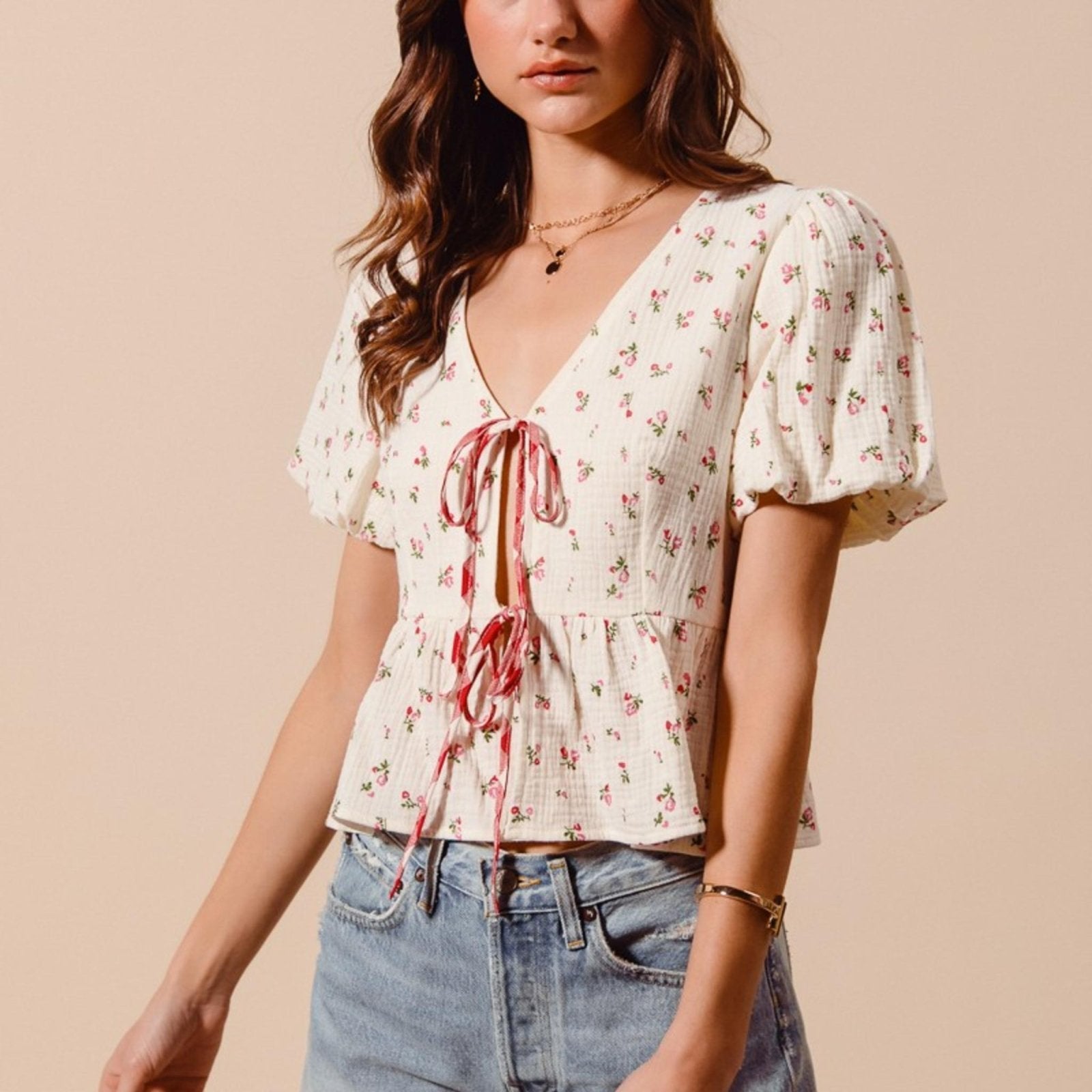 SO ME Women's Ditsy Floral Tie-Front Gauze Blouse-Trendsi - Solazura Boutique