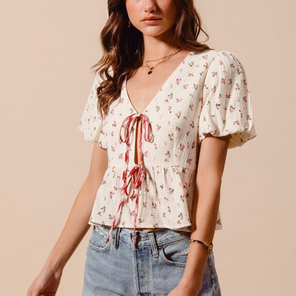 SO ME Women's Ditsy Floral Tie-Front Gauze Blouse-Trendsi - Solazura Boutique