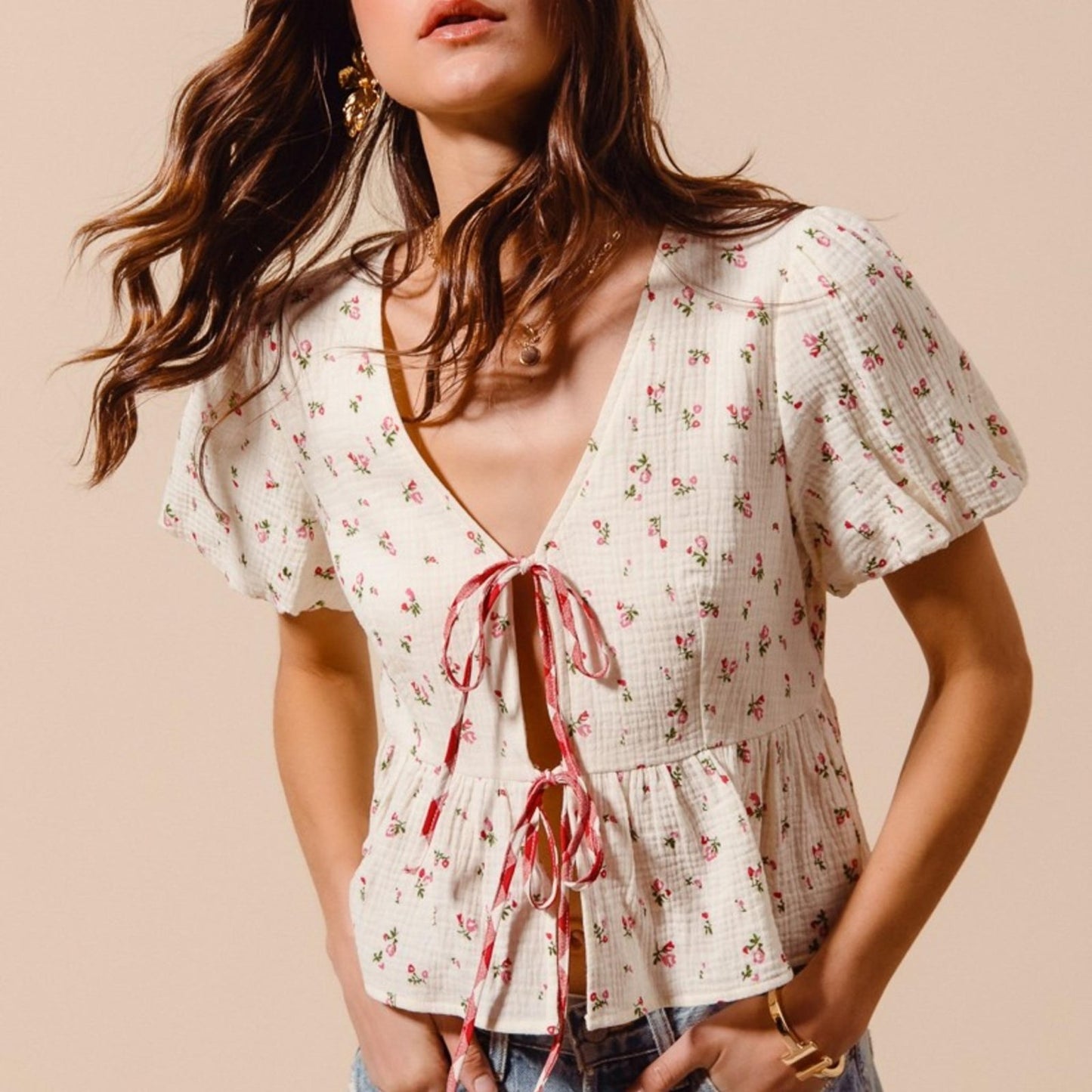 SO ME Women's Ditsy Floral Tie-Front Gauze Blouse-Trendsi - Solazura Boutique