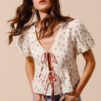 SO ME Women's Ditsy Floral Tie-Front Gauze Blouse-Trendsi - Solazura Boutique