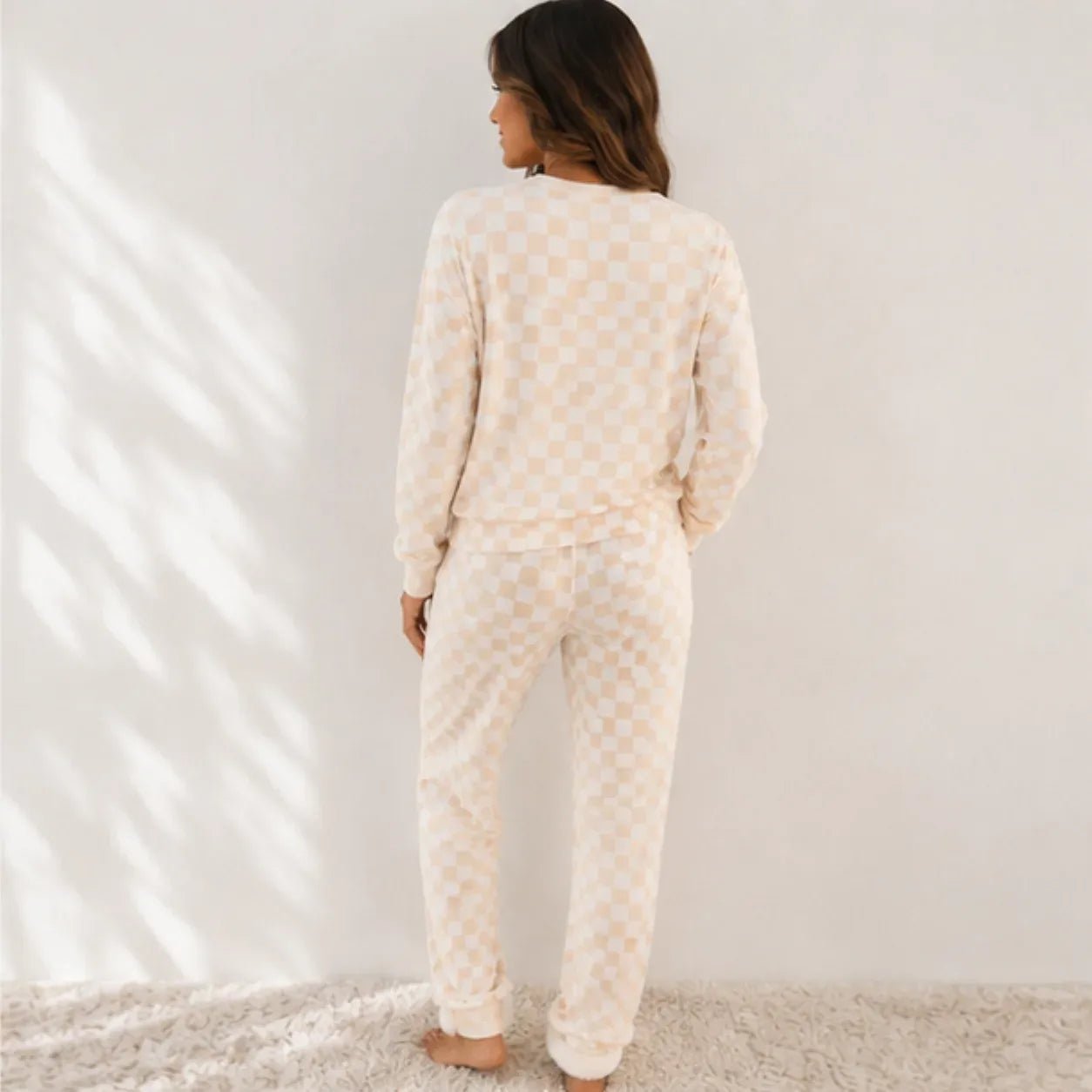 Soft checkered long-sleeve lounge set with matching pants, back view
