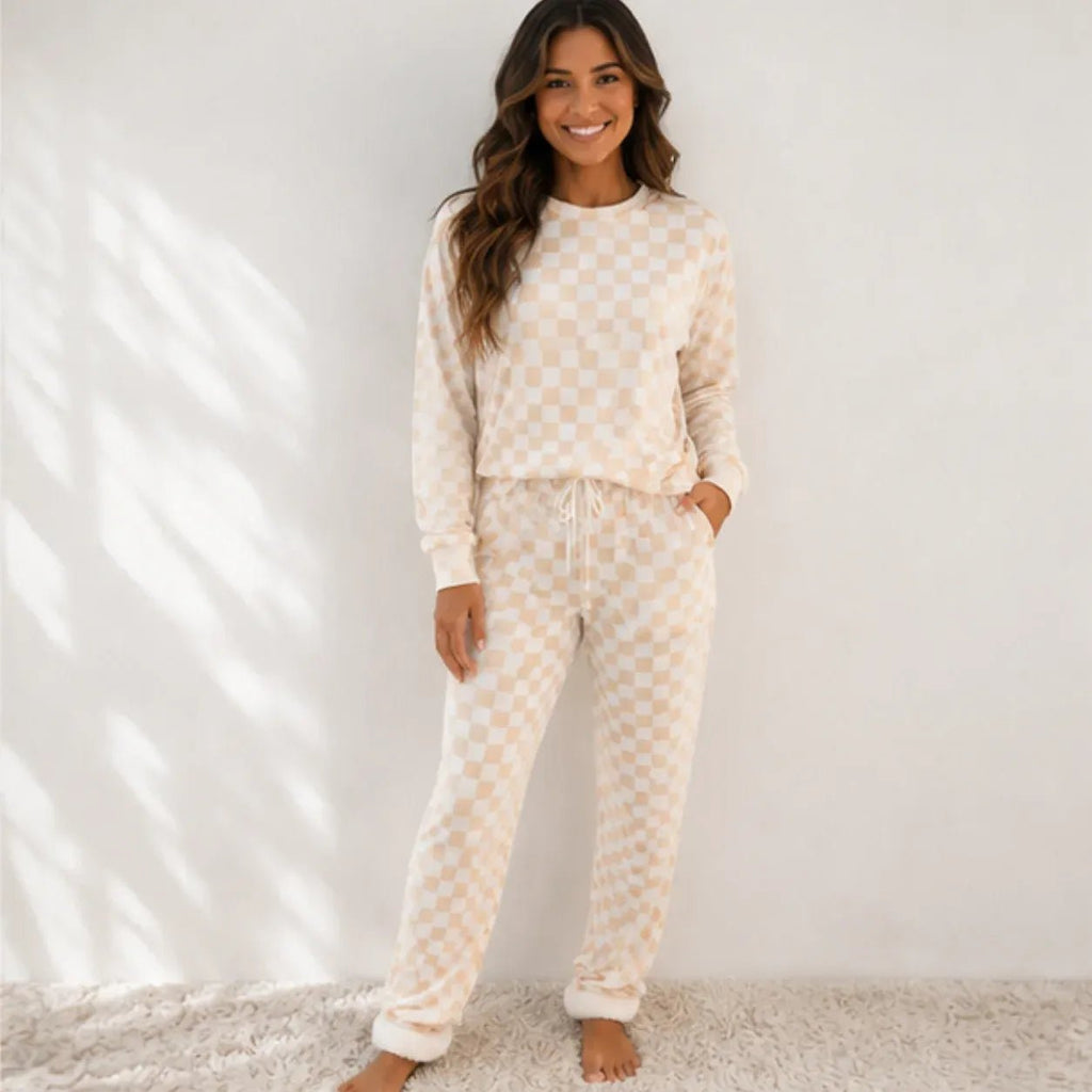 Soft checkered long-sleeve lounge set with matching pants, front view