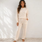 Soft checkered long-sleeve lounge set with matching pants, front view