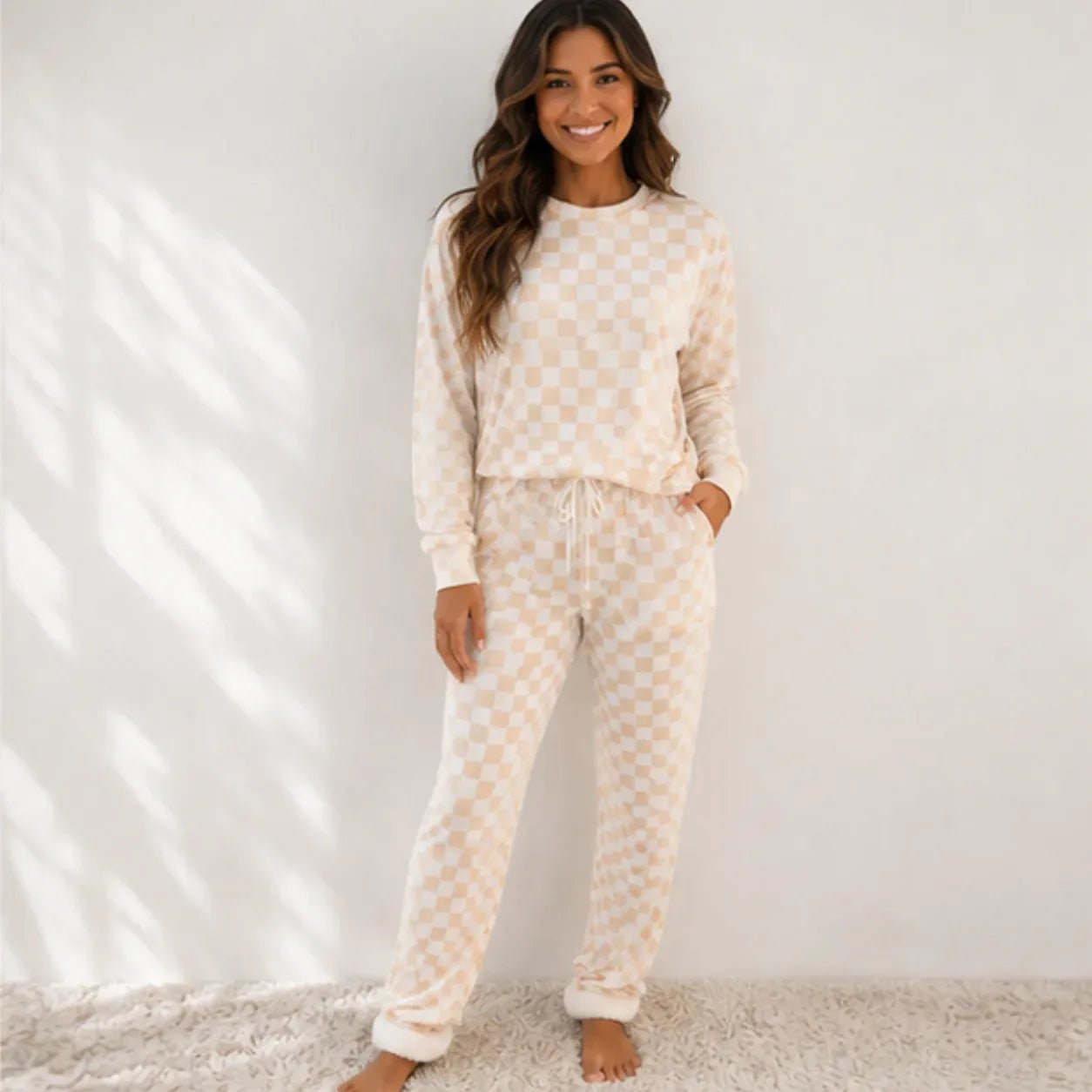 Soft checkered long-sleeve lounge set with matching pants, front view