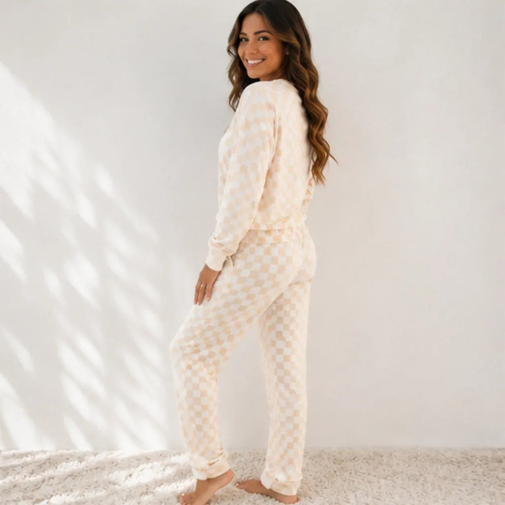 Soft checkered long-sleeve lounge set with matching pants, side view