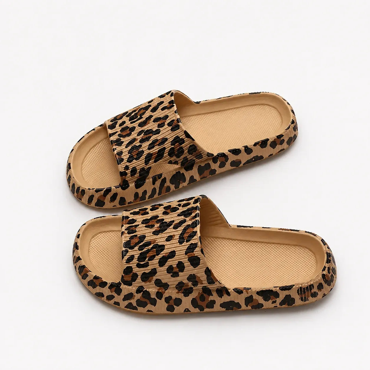Women's khaki leopard print EVA comfort slides with cushioned footbed for everyday casual wear.