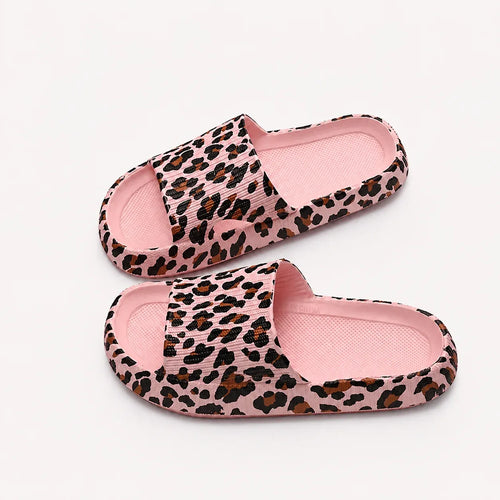 Women's pink leopard print comfort slides made with lightweight EVA for casual everyday wear.