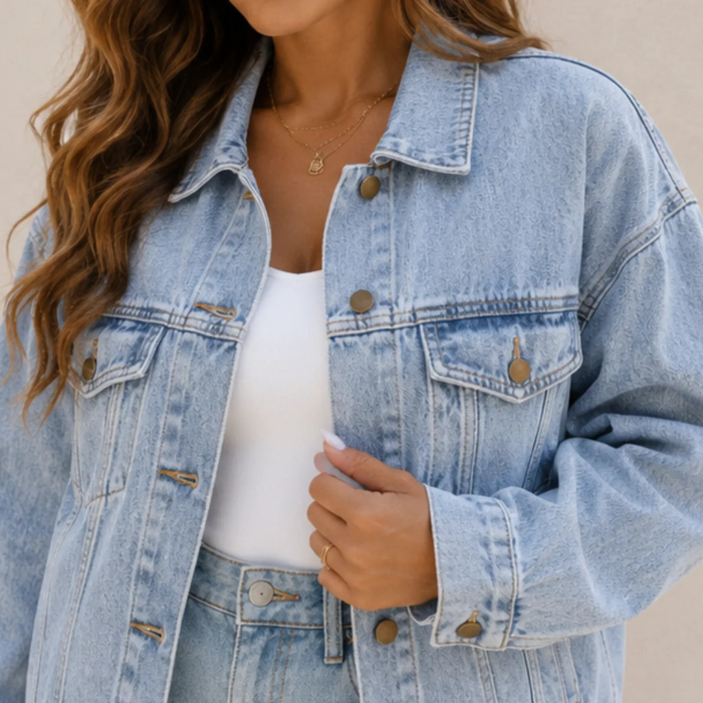 Close-up of the Classic Relaxed Fit Jean Jacket in light blue highlighting the button-front closure, chest flap pockets, lapel collar, and premium cotton denim fabric.