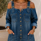 Close-up of the Solazura Classic Wide Leg Denim Jumpsuit in navy blue highlighting the button-front closure, adjustable buckle straps, chest pockets, and washed denim fabric.