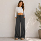 Women's dark gray wide-leg drawstring pants with elastic waist and pockets