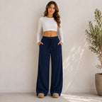 Women's navy blue wide-leg drawstring pants with relaxed full-length fit