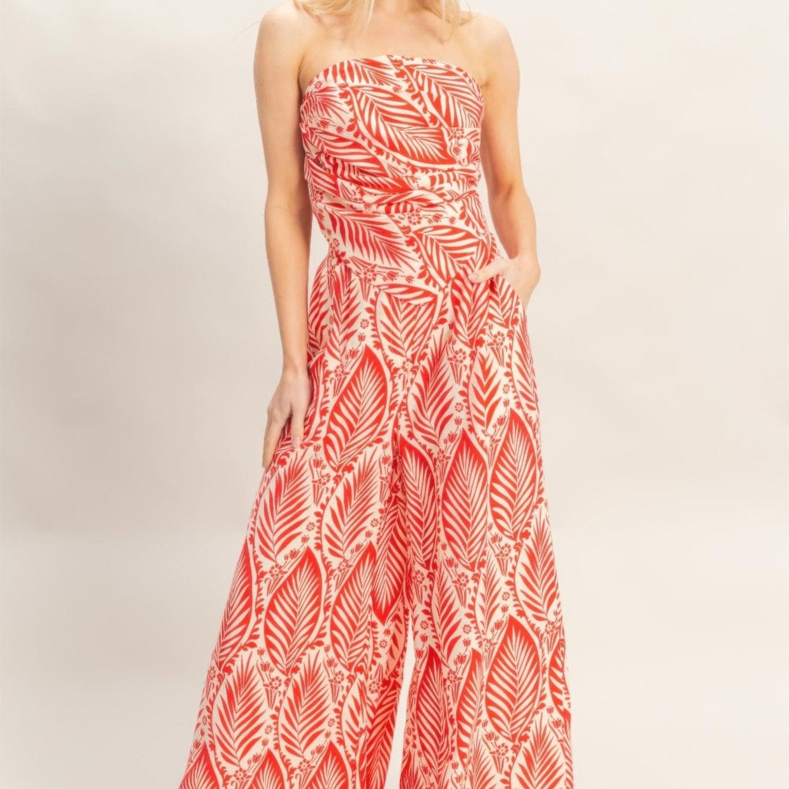 Strapless Pleated Top & Print Pants Set - Black, Light Brown, Blue & Red-Solazura Boutique - Solazura Boutique