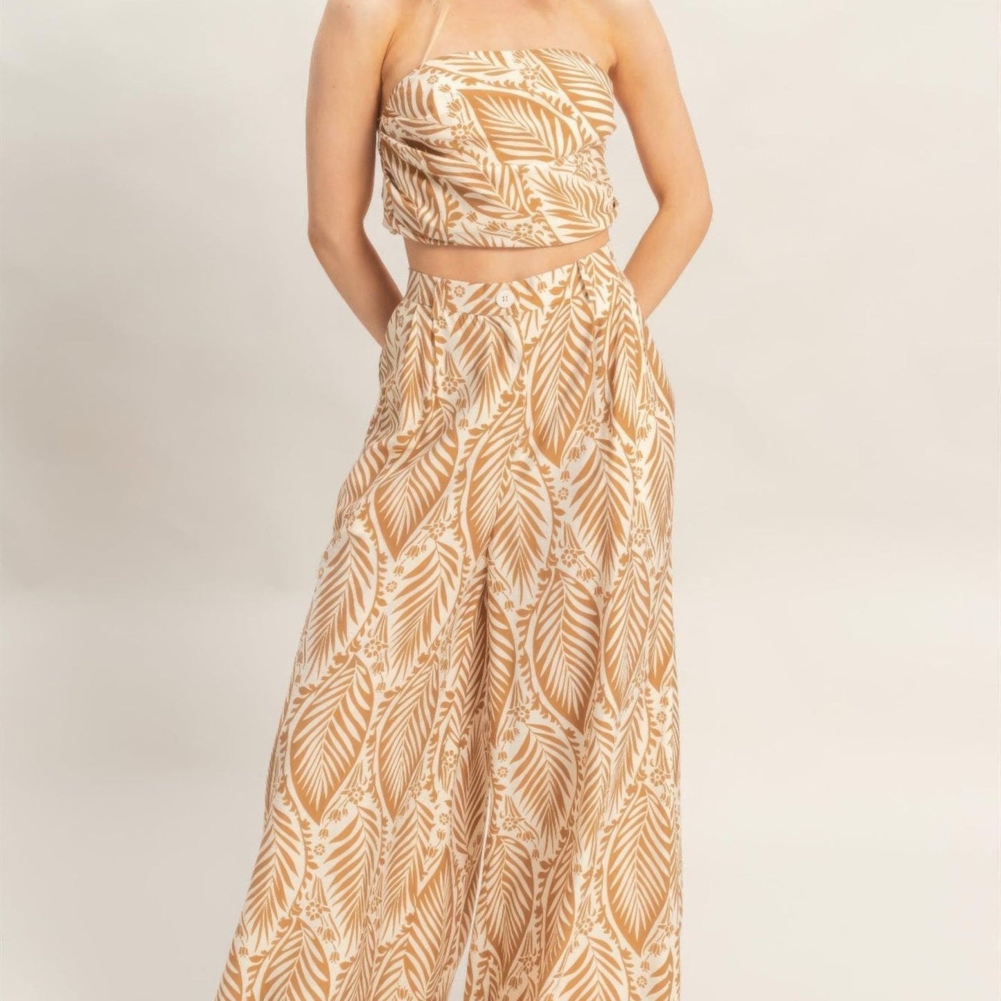 Strapless Pleated Top & Print Pants Set - Black, Light Brown, Blue & Red-Solazura Boutique - Solazura Boutique