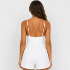 Strappy ruched high-waist romper in white shown from the back