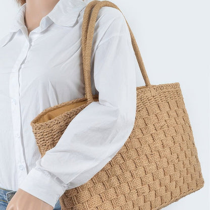 Straw Medium Tote Bag - Khaki & Ivory-Solazura Boutique - Solazura Boutique