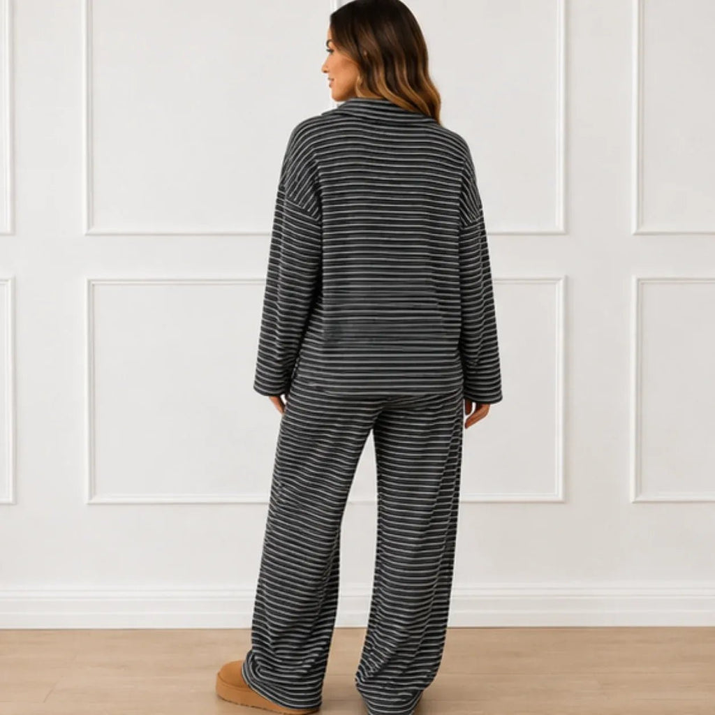 Back view of the black striped collared long-sleeve top and wide-leg pants set