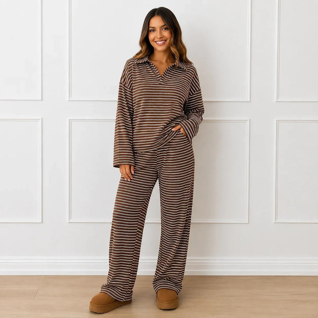 Woman wearing the brown striped collared long-sleeve top and wide-leg pants set