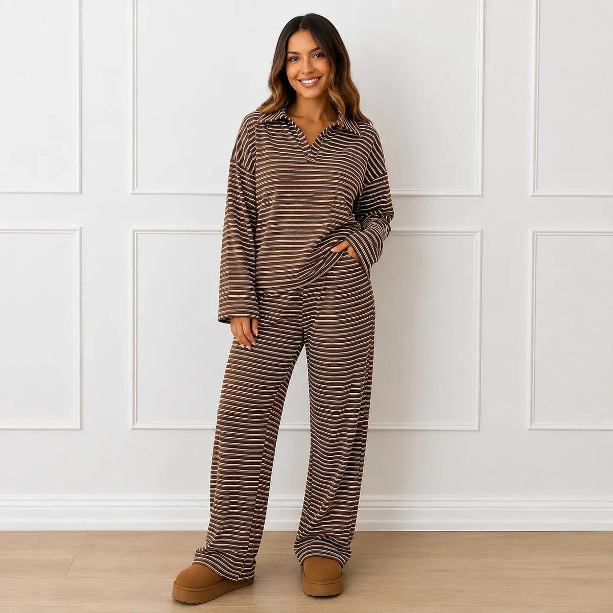 Woman wearing the brown striped collared long-sleeve top and wide-leg pants set