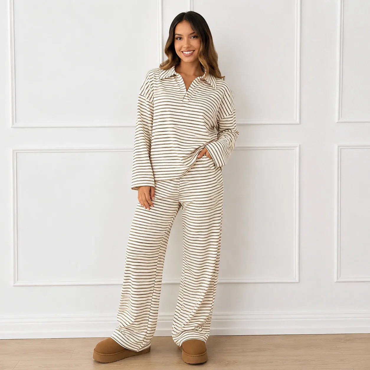 Woman wearing the khaki striped collared long-sleeve top and wide-leg pants set
