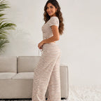 Side view of the khaki striped crop top and wide-leg lounge set showing the flattering fit and flowing silhouette.