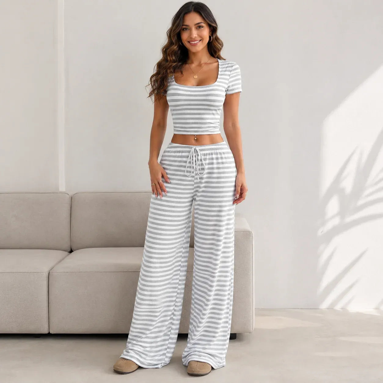 Model wearing the Striped Crop Top & Wide-Leg Lounge Set in light gray with a square neck crop top and wide-leg lounge pants.