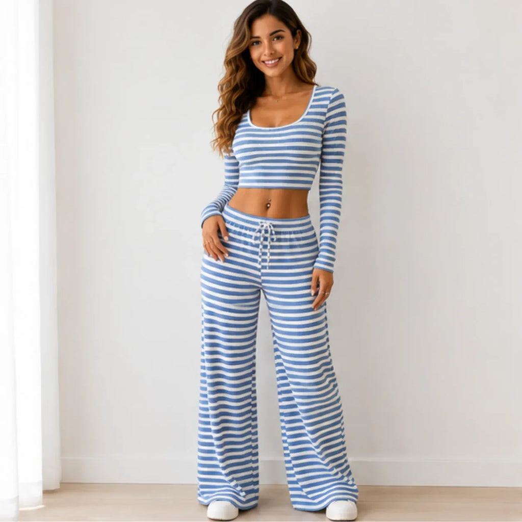 Blue striped knit two-piece pants set with long-sleeve crop top and wide-leg pants