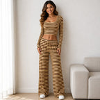 Crown striped knit two-piece pants set with long-sleeve crop top and wide-leg pants
