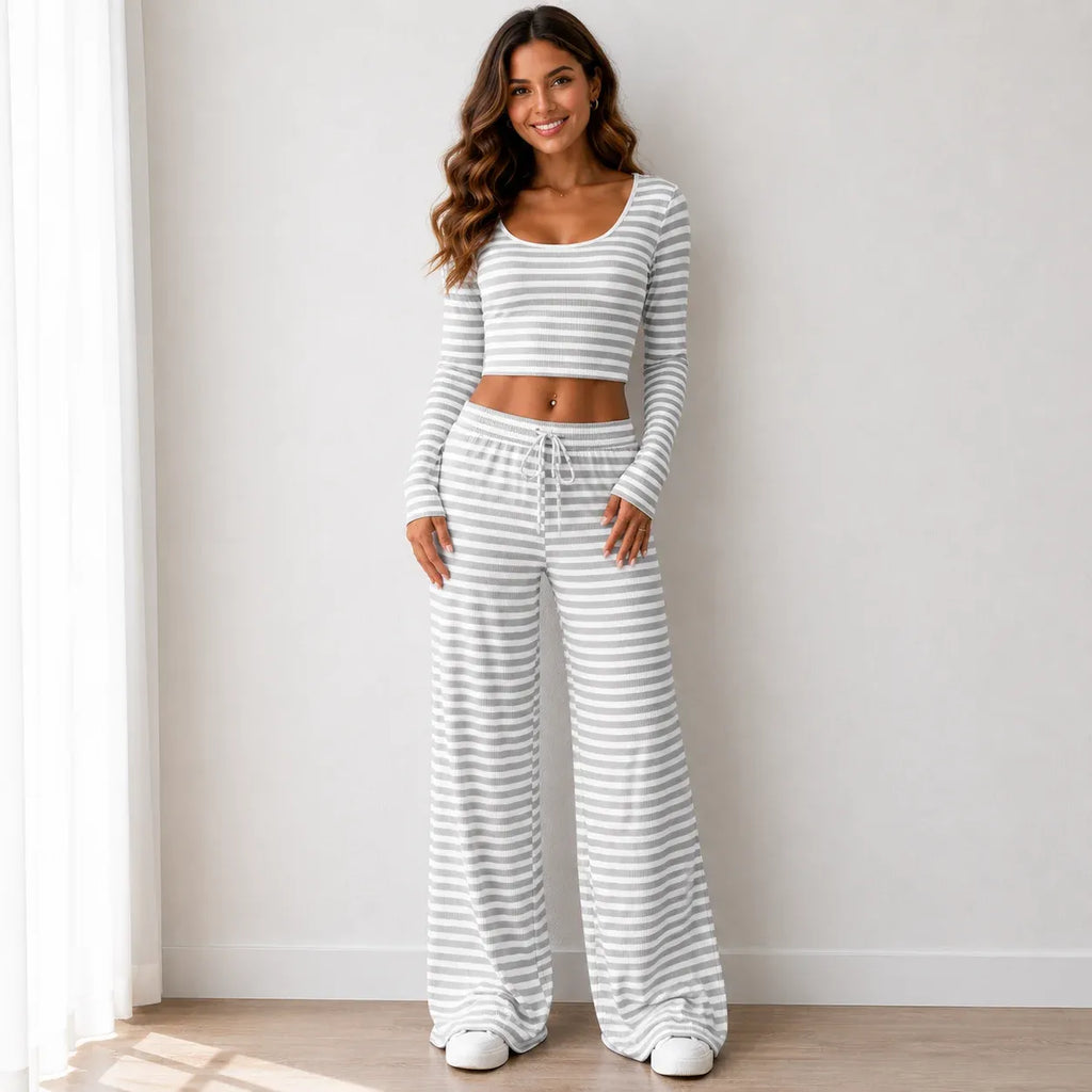 Gray striped knit two-piece pants set with long-sleeve crop top and wide-leg pants