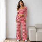 Red striped knit two-piece pants set with long-sleeve crop top and wide-leg pants