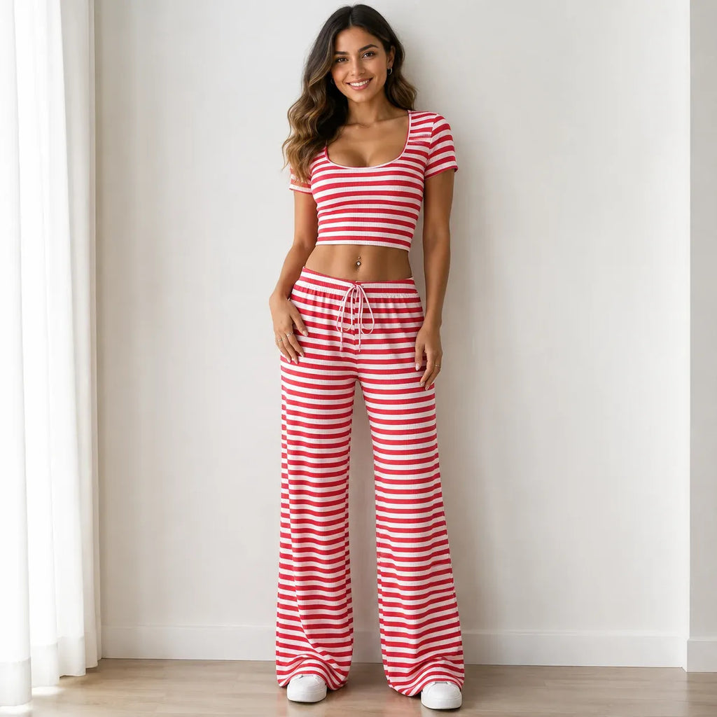 Red striped knit two-piece pants set with short-sleeve crop top and wide-leg pants