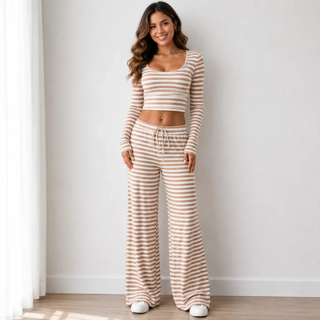 Tan striped knit two-piece pants set with long-sleeve crop top and wide-leg pants