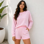 Pink striped long-sleeve top and shorts two-piece set on Solazura model