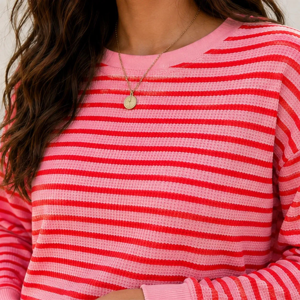 Close-up of rose red and pink striped long-sleeve top two-piece set