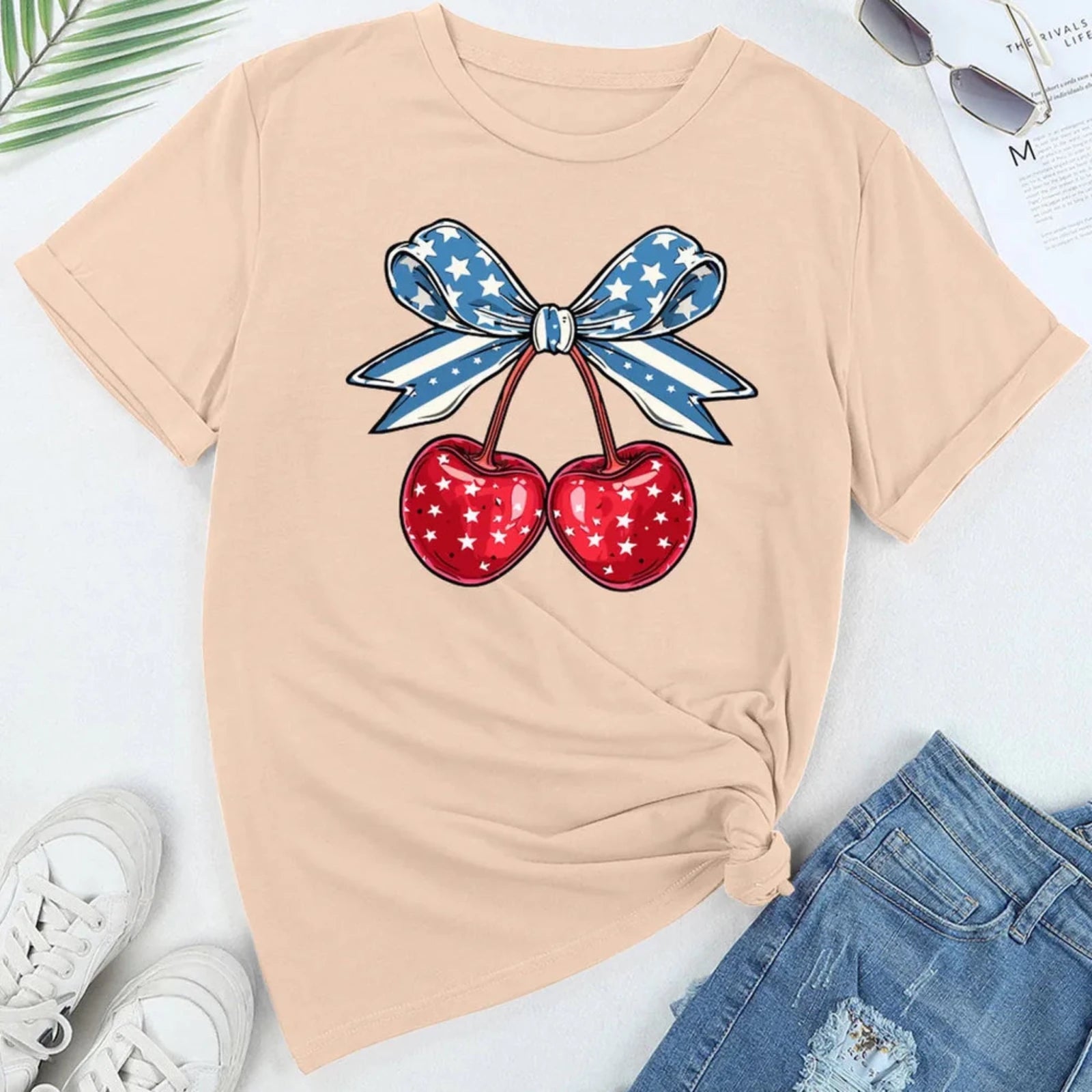 SYNZ Women's Cherry Graphic Short Sleeve T-Shirt-Trendsi - Solazura Boutique
