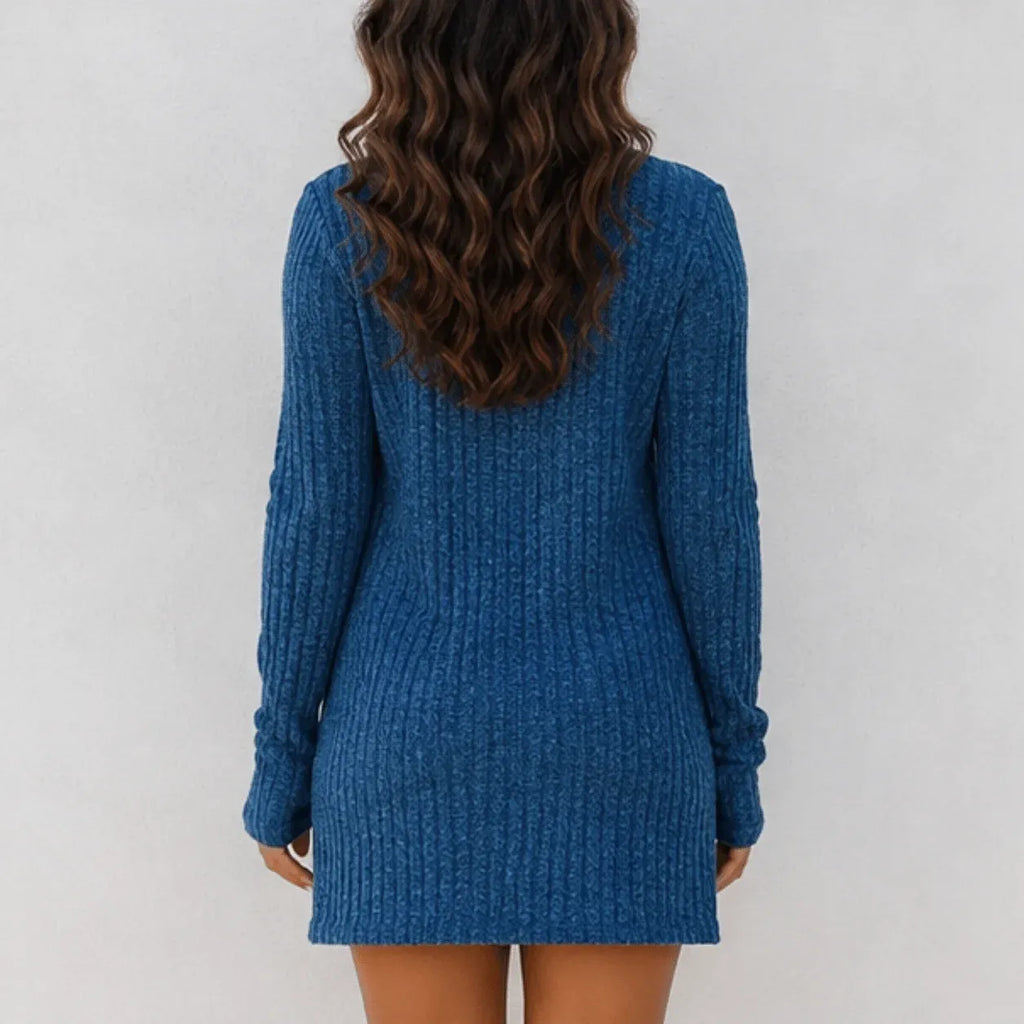 Back view of women's blue tailored mini dress and cardigan set with a figure-flattering ribbed knit design.