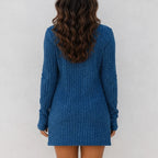 Back view of women's blue tailored mini dress and cardigan set with a figure-flattering ribbed knit design.