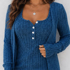 Close-up of the blue tailored mini dress and cardigan set highlighting the ribbed knit texture, button-front neckline, and premium details.