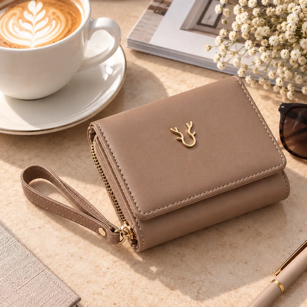 A taupe-brown faux-leather wallet with a wrist strap and gold deer emblem, styled on a beige tabletop with a coffee cup, flowers, sunglasses, and a pen.