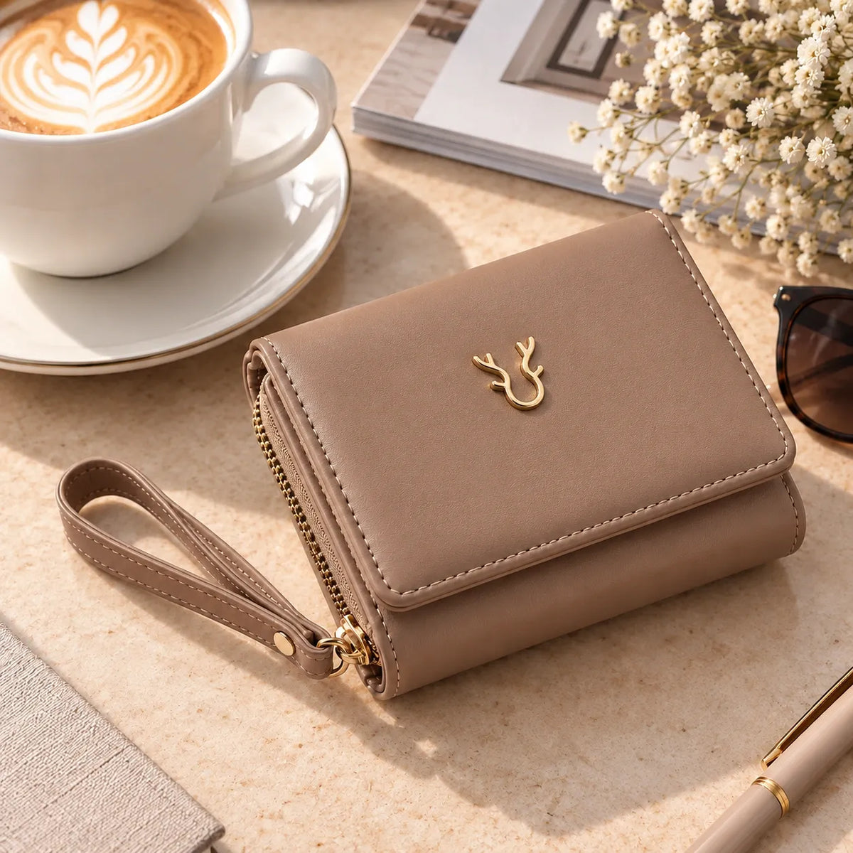 A taupe-brown faux-leather wallet with a wrist strap and gold deer emblem, styled on a beige tabletop with a coffee cup, flowers, sunglasses, and a pen.